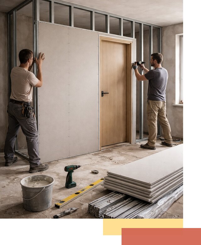 Перегородка из гипсокартона с дверью под ключ в Губкине