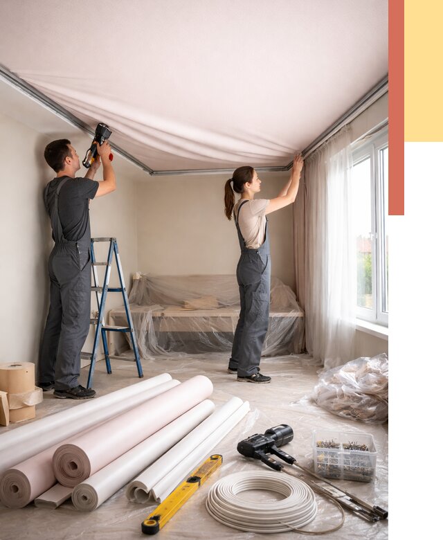 Монтаж цветного натяжного потолка в Губкине от 4266 руб/м² — быстро и недорого | ОТДЕЛОЧНИК-Гбк