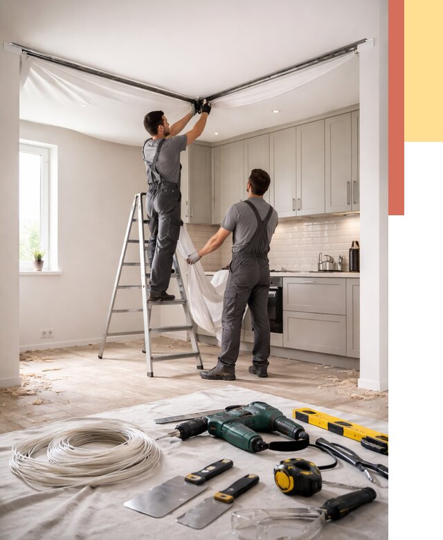 Установка натяжного потолка на кухне в Губкине от 2438 руб. | ОТДЕЛОЧНИК-Гбк