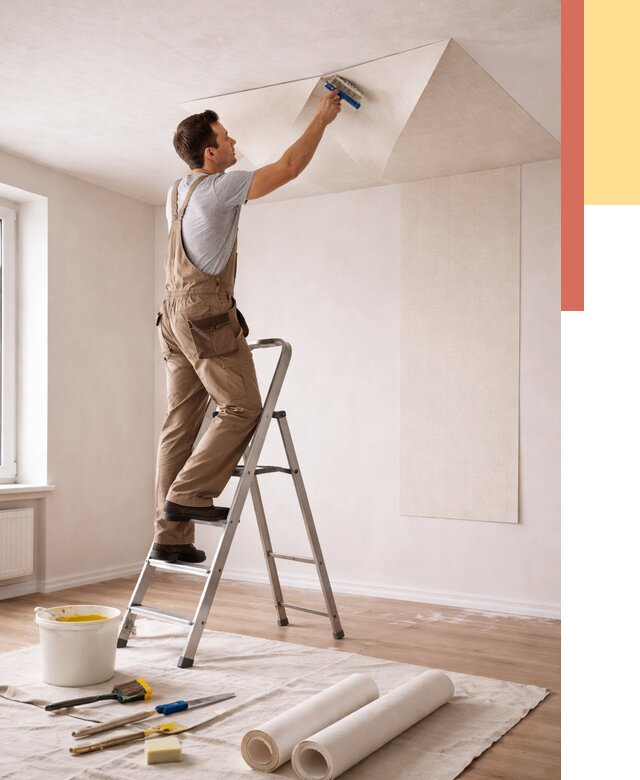 Поклейка обоев на потолок в Губкине от 4571 руб. быстро и недорого | ОТДЕЛОЧНИК-Гбк